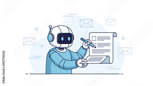 Cute robot cartoon writing a letter in blue sweater with headphones