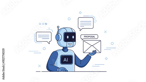Ai robot holding envelope with proposal and chat bubbles