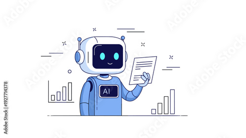 Friendly ai robot analyzing data charts in a digital environment