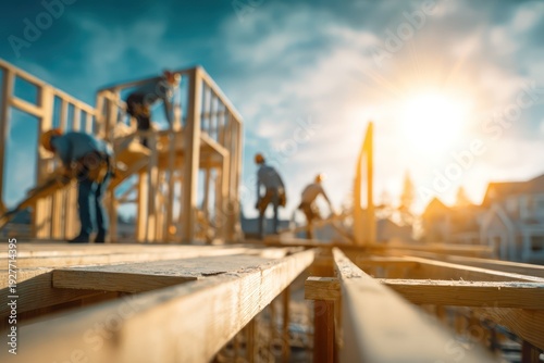Construction crew building new wooden home
