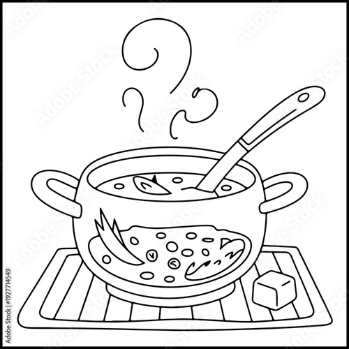 Boiling pot with steam cooking pasta vector illustration flat design kitchen coloring page activity