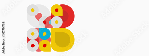 Colorful circles, squares, rectangles form abstract composition. Bright hues contrast against white background. Modern design.