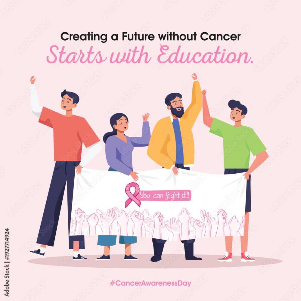 Obraz premium National Cancer awareness Day concept. Educate, Empower, Eradicate. Joining Hands to Eradicate Cancer: Our School's Pledge on this Day and Every Day.