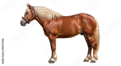 Isolated majestic Haflinger horse standing in full side view, palomino color in studio