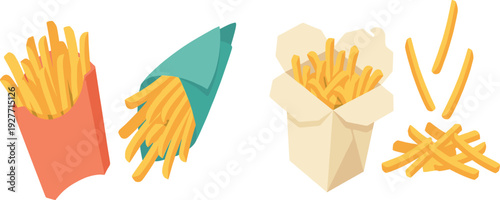 French fries in different packaging set with takeaway box paper wrap and scattered potato sticks fast food snack collection for menu design.