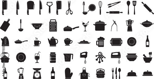 A comprehensive collection of black and white silhouette icons representing various kitchen utensils, cooking tools, and culinary items, perfect for graphic design and food-related concepts.