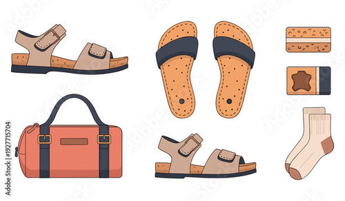 Casual footwear and accessories set featuring sandals, sneakers, bag, and socks