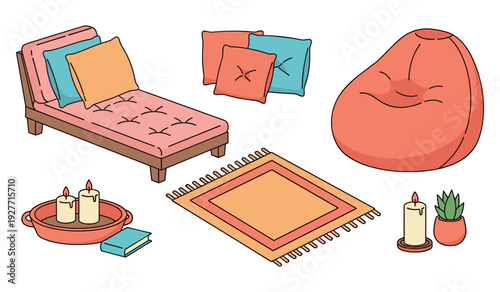 Cozy room decor with cushions, bean bag, and rug