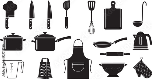 A comprehensive collection of black and white silhouette icons representing essential kitchenware and cooking tools, perfect for culinary websites and food-related designs.