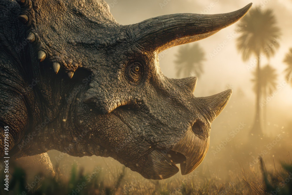Fototapeta premium Detailed Triceratops head in ancient meadow