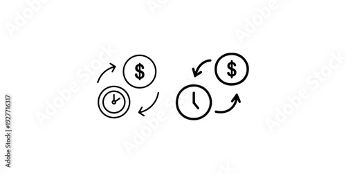 Money and clock icons with circular arrows symbolizing time is money concept and financial exchange over time