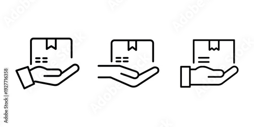 Hand holding delivery box package vector line icon illustration, shipping service, parcel in palm, courier service and distribution