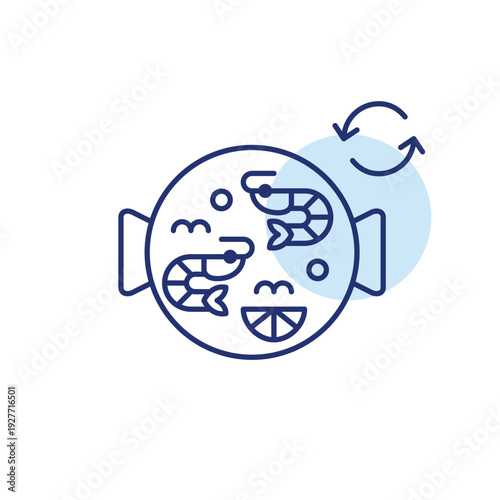 Shrimp seafood paella and renew symbol. Food and groceries recycling, fresh takeaway menu. Pixel perfect, editable stroke vector icon