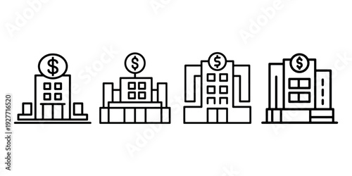 Modern bank building with dollar sign on top icon set black line vector illustration financial institution architecture design isolated on white