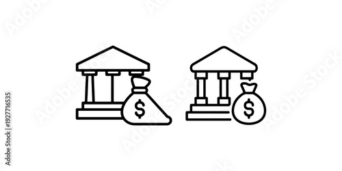 Bank building with money bag and dollar sign icon set black line vector illustration financial institution and wealth management isolated on white