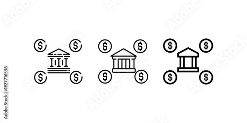 Bank building surrounded by dollar currency coins concept of financial institution and money exchange black line vector illustration set isolated on white