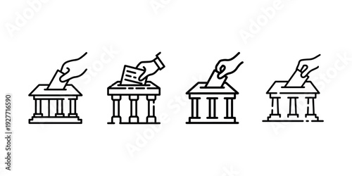 Hand putting ballot into bank building icon set black line vector illustration voting or financial transaction concept isolated on white