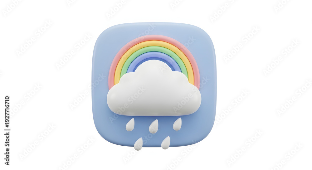 Obraz premium A cute 3D rendered weather application icon featuring a colorful rainbow, a white cloud, and falling raindrops on a soft blue rounded square.