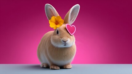 Cute rabbit with large ears wearing a pink heart-shaped accessory and a yellow flower on its head, set against a vibrant pink background