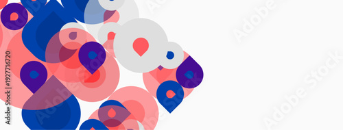 Abstract shapes overlap, creating vibrant color blocks. Pink, purple, blue hues dominate white background. Modern design elements present.