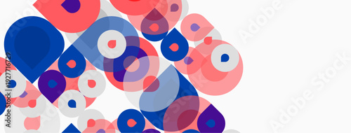 Abstract composition featuring overlapping circles. Pink, blue hues dominate white background. Modern design, simple shapes create dynamic pattern.