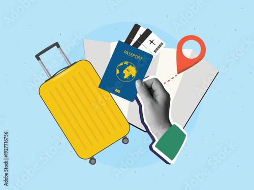 Black and white hand holding blue passport with airline tickets with a yellow suitcase and paper map with a red location pin on a bckground. Travel concept. Modern collage style. Vector illustration