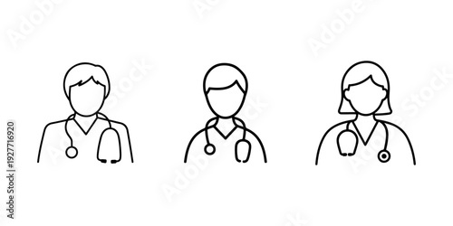 Doctor line icon set featuring male and female medical professionals with stethoscopes representing healthcare workers and hospital staff members in white