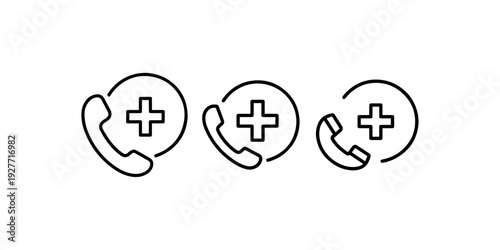 Emergency medical call icon set featuring telephone handset and cross symbol inside circle representing 24 hour hospital assistance and ambulance services
