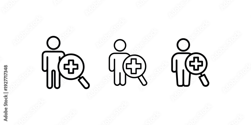 Fototapeta premium Stylized outline icons of person with magnifying glass and plus sign for health check or medical examination.