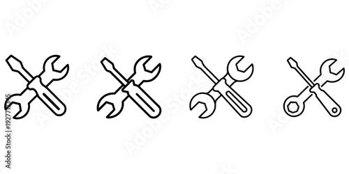 Crossed screwdriver and wrench tool icon set for hardware repair service maintenance equipment plumbing works and home improvement professional assistance