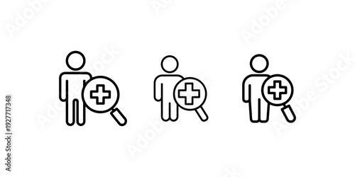 Stylized outline icons of person with magnifying glass and plus sign for health check or medical examination.
