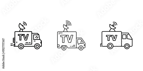 Television broadcast van icon set featuring news media truck with satellite dish antenna for live reporting telecommunication and remote press coverage
