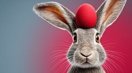 Gray rabbit with large ears and a red ball on its head, set against a gradient background of blue and pink colors, showcasing a playful and whimsical appearance