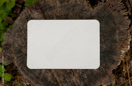 Empty white paper card on the old wooden texture of tree stump background