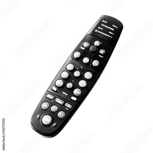 TV remote control isolated on white background. Modern television controller in black and white halftone style. Home entertainment, media technology and device control concept.