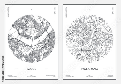 Detailed street map of Seoul, the capital of South Korea, and Pyongyang, the capital of North Korea, in a circle, black and white printable travel urban poster, vector illustration
