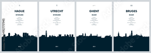Travel vector set with detailed cities skylines of the Netherlands and Belgium Hague, Utrecht, Ghent, Bruges urban minimalistic poster