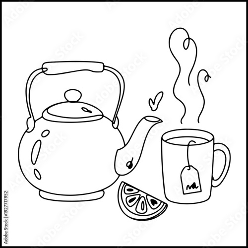 Kitchen tea set and lemon slice coloring page flat design vector illustration for kids and adults