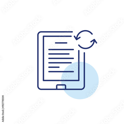 Text file on tablet and renew arrows. Device update, digital note refresh. Pixel perfect, editable stroke vector icon