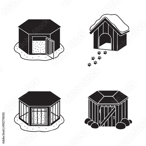 Four black and white dog houses with different and snow dog shelter paw prints