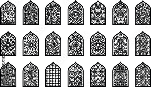 Islamic geometric window arch patterns collection, ornate arabesque mashrabiya lattice designs in black silhouette, traditional mosque architecture vector set isolated on white background