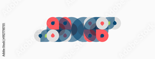 Abstract circles overlap, creating varied hues. Composition feels modern, playful, dynamic. Colors include blue, red, gray tones.