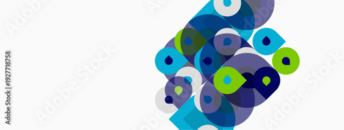 Abstract composition featuring overlapping circles. Blue, green hues dominate white background. Modern design, simple shapes create dynamic visual effect.