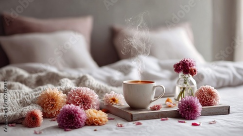 Cozy morning tea with blooming flowers on a bed, a perfect start to the day