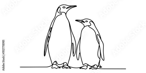 Continuous line drawing of two emperor penguins standing side by side on a white background.