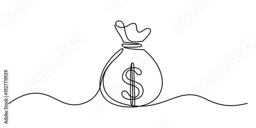 Continuous line drawing of a money bag with a dollar sign symbol on white background