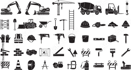 A comprehensive collection of black and white silhouette icons representing various construction site equipment, tools, and safety gear, ideal for illustrating building industry concepts and projects.