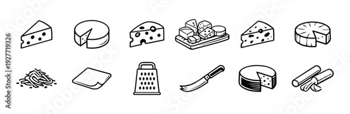 Cheese Icons Set – Minimalist Black and White Line Art Cheese Types and Tools Collection