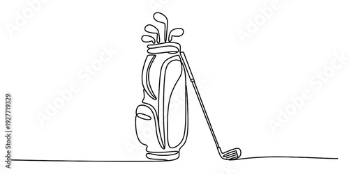Continuous line drawing of a golf bag with several clubs and one iron leaning against it.