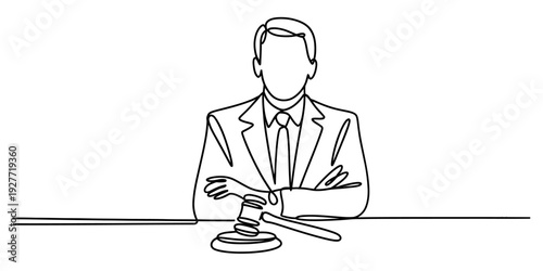 Single continuous line drawing of a judge sitting behind a desk with a wooden gavel Vector, illustration